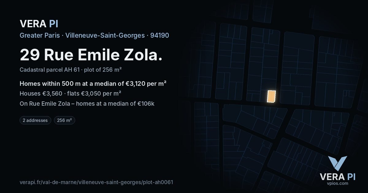 29 Rue Emile Zola, Villeneuve-Saint-Georges at night – the plot lit, the parcels around coloured by the prices near them