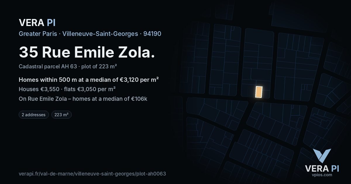 35 Rue Emile Zola, Villeneuve-Saint-Georges at night – the plot lit, the parcels around coloured by the prices near them