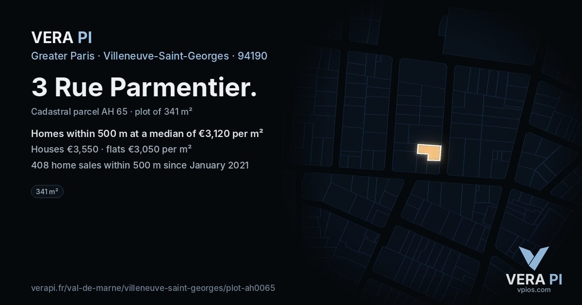 3 Rue Parmentier, Villeneuve-Saint-Georges at night – the plot lit, the parcels around coloured by the prices near them