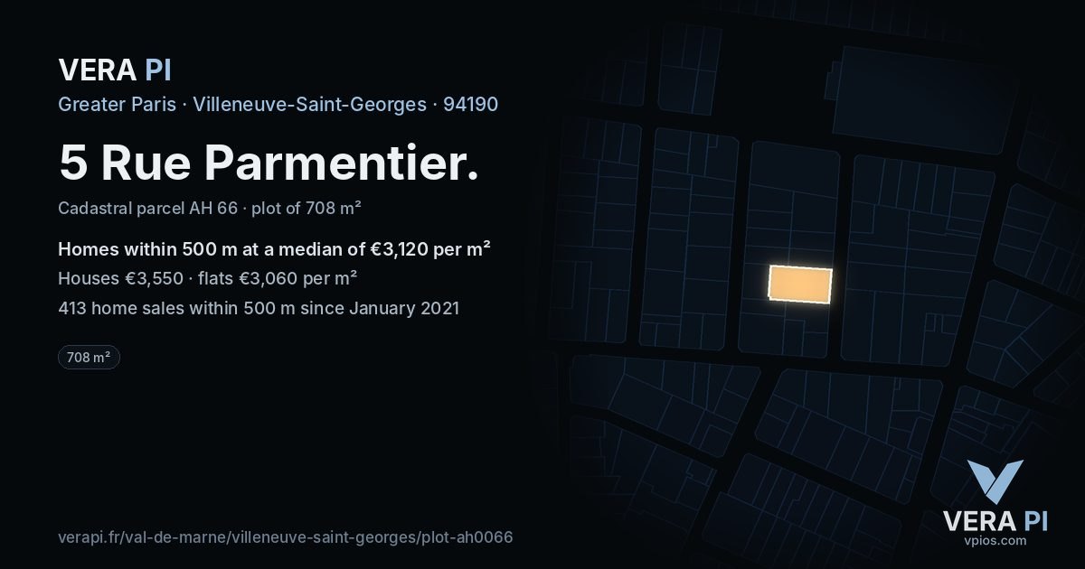 5 Rue Parmentier, Villeneuve-Saint-Georges at night – the plot lit, the parcels around coloured by the prices near them