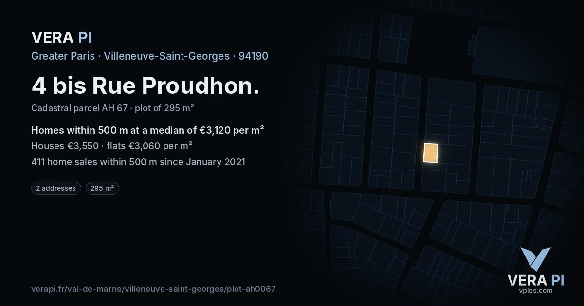 4 bis Rue Proudhon, Villeneuve-Saint-Georges at night – the plot lit, the parcels around coloured by the prices near them