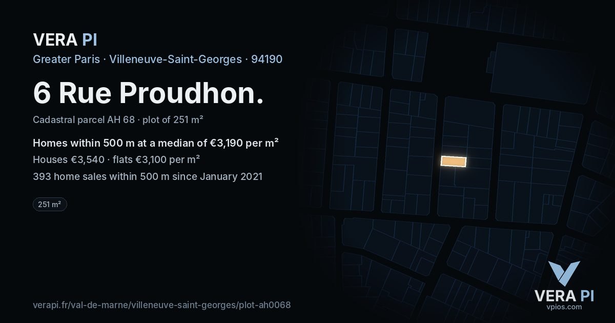 6 Rue Proudhon, Villeneuve-Saint-Georges at night – the plot lit, the parcels around coloured by the prices near them