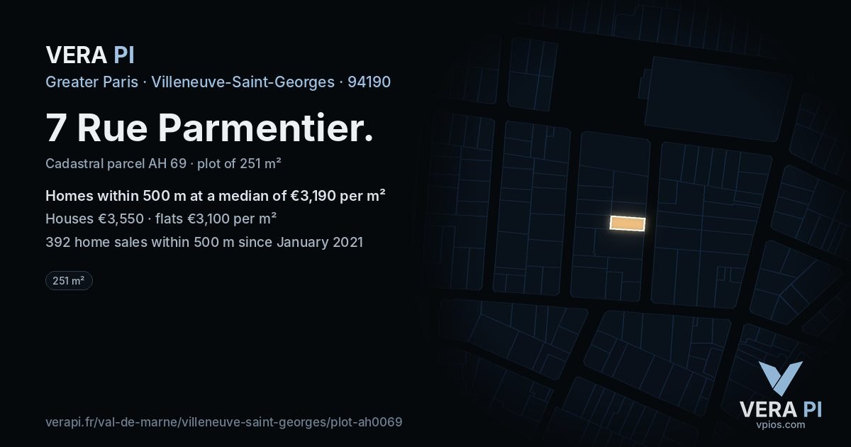 7 Rue Parmentier, Villeneuve-Saint-Georges at night – the plot lit, the parcels around coloured by the prices near them