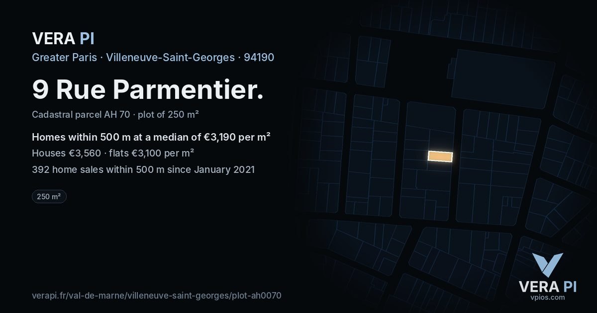 9 Rue Parmentier, Villeneuve-Saint-Georges at night – the plot lit, the parcels around coloured by the prices near them
