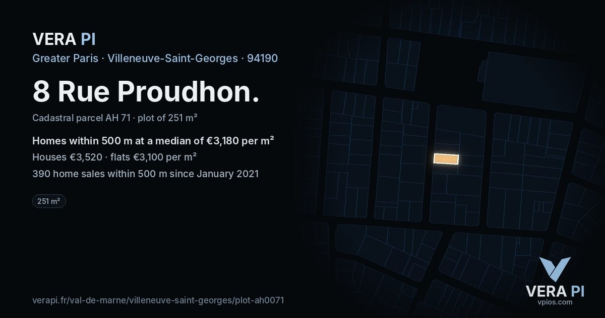 8 Rue Proudhon, Villeneuve-Saint-Georges at night – the plot lit, the parcels around coloured by the prices near them