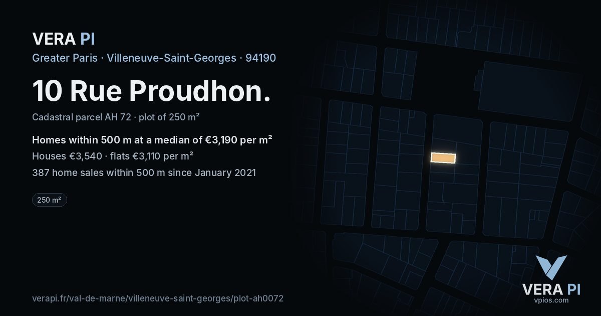 10 Rue Proudhon, Villeneuve-Saint-Georges at night – the plot lit, the parcels around coloured by the prices near them