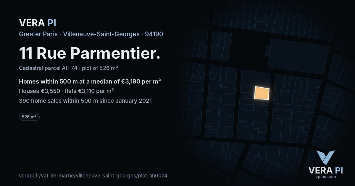 11 Rue Parmentier, Villeneuve-Saint-Georges at night – the plot lit, the parcels around coloured by the prices near them