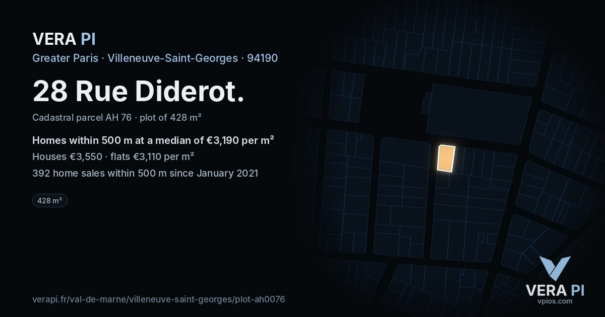 28 Rue Diderot, Villeneuve-Saint-Georges at night – the plot lit, the parcels around coloured by the prices near them