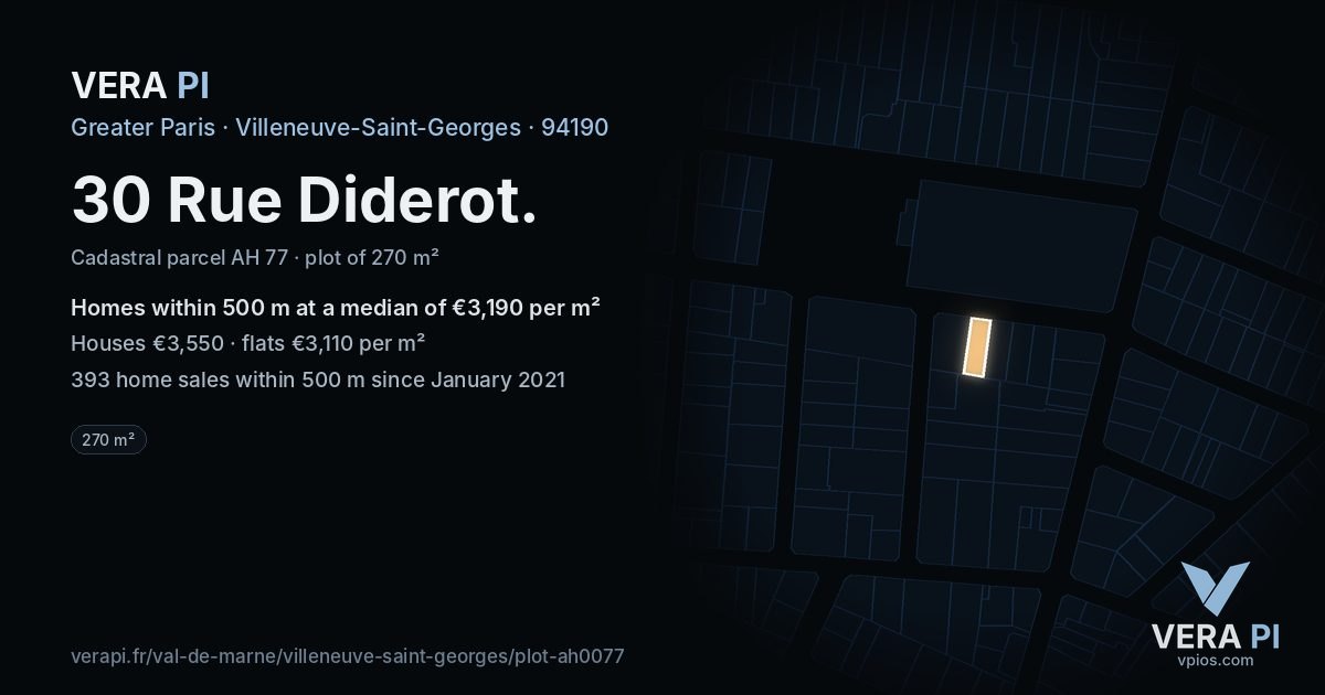 30 Rue Diderot, Villeneuve-Saint-Georges at night – the plot lit, the parcels around coloured by the prices near them