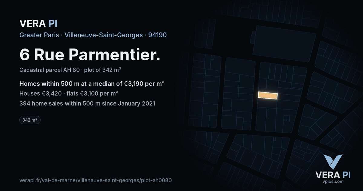 6 Rue Parmentier, Villeneuve-Saint-Georges at night – the plot lit, the parcels around coloured by the prices near them
