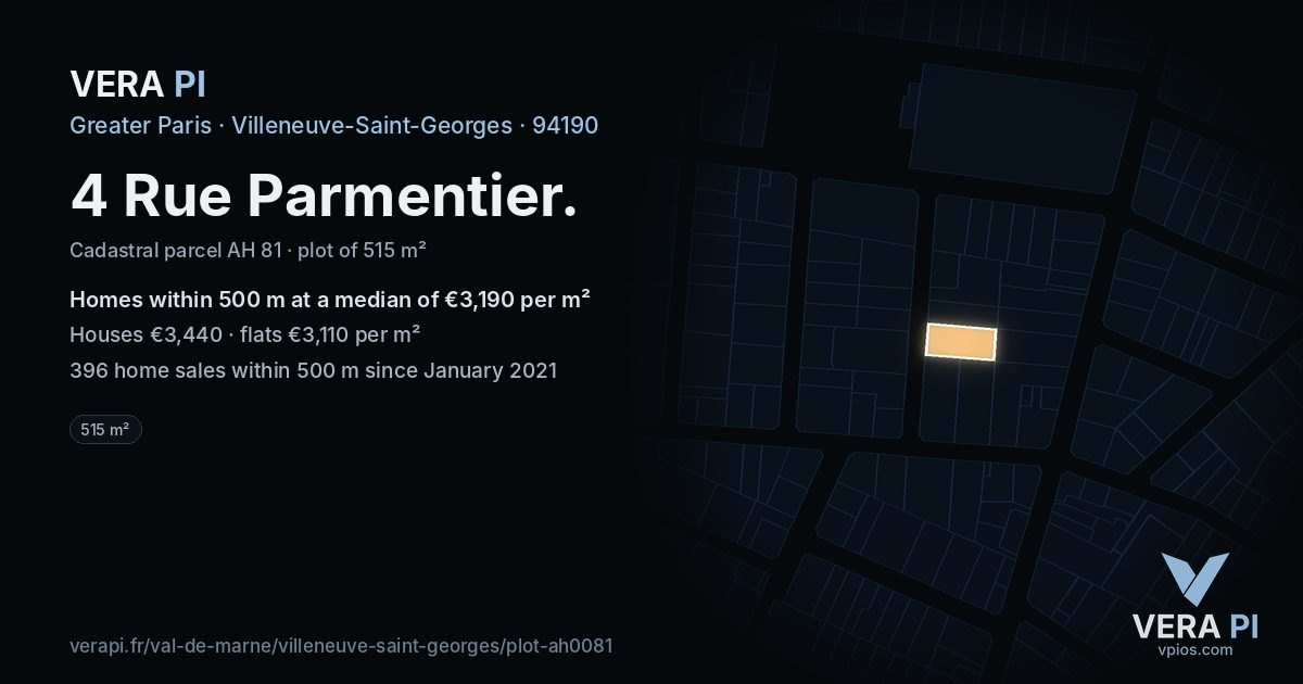 4 Rue Parmentier, Villeneuve-Saint-Georges at night – the plot lit, the parcels around coloured by the prices near them