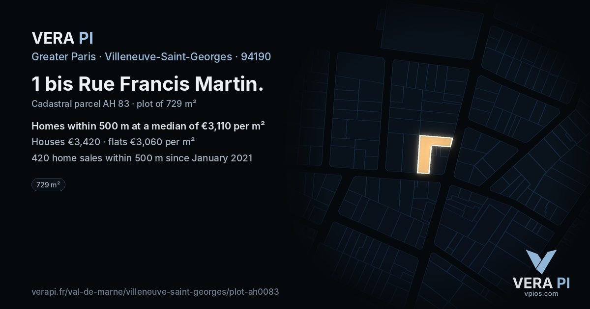 1 bis Rue Francis Martin, Villeneuve-Saint-Georges at night – the plot lit, the parcels around coloured by the prices near them