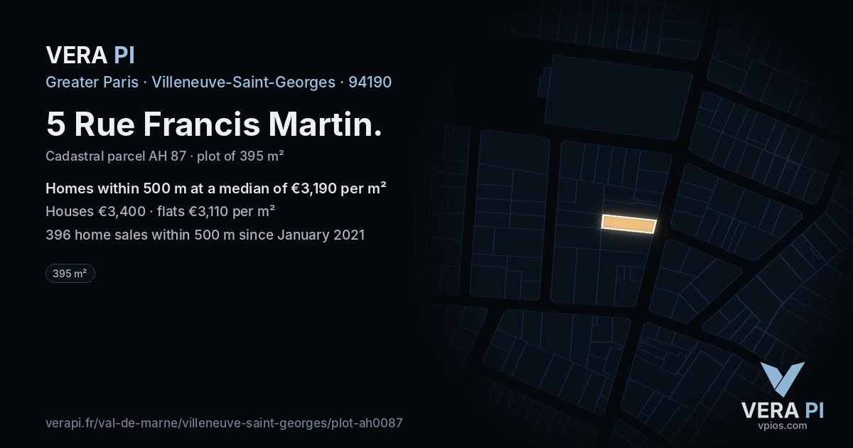 5 Rue Francis Martin, Villeneuve-Saint-Georges at night – the plot lit, the parcels around coloured by the prices near them