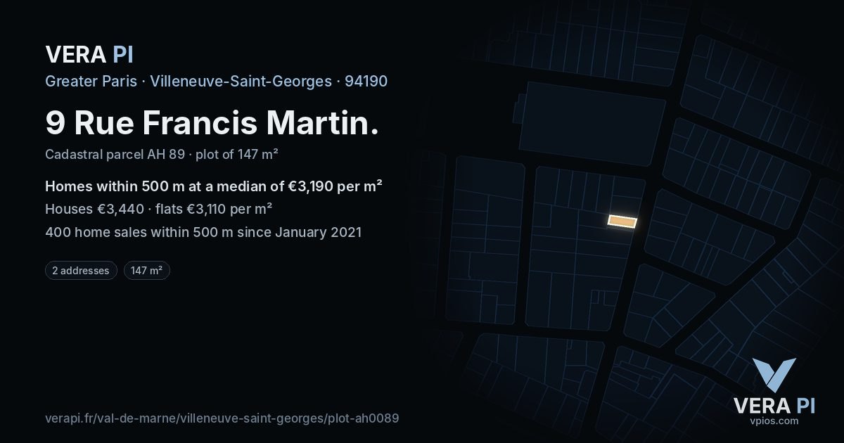 9 Rue Francis Martin, Villeneuve-Saint-Georges at night – the plot lit, the parcels around coloured by the prices near them