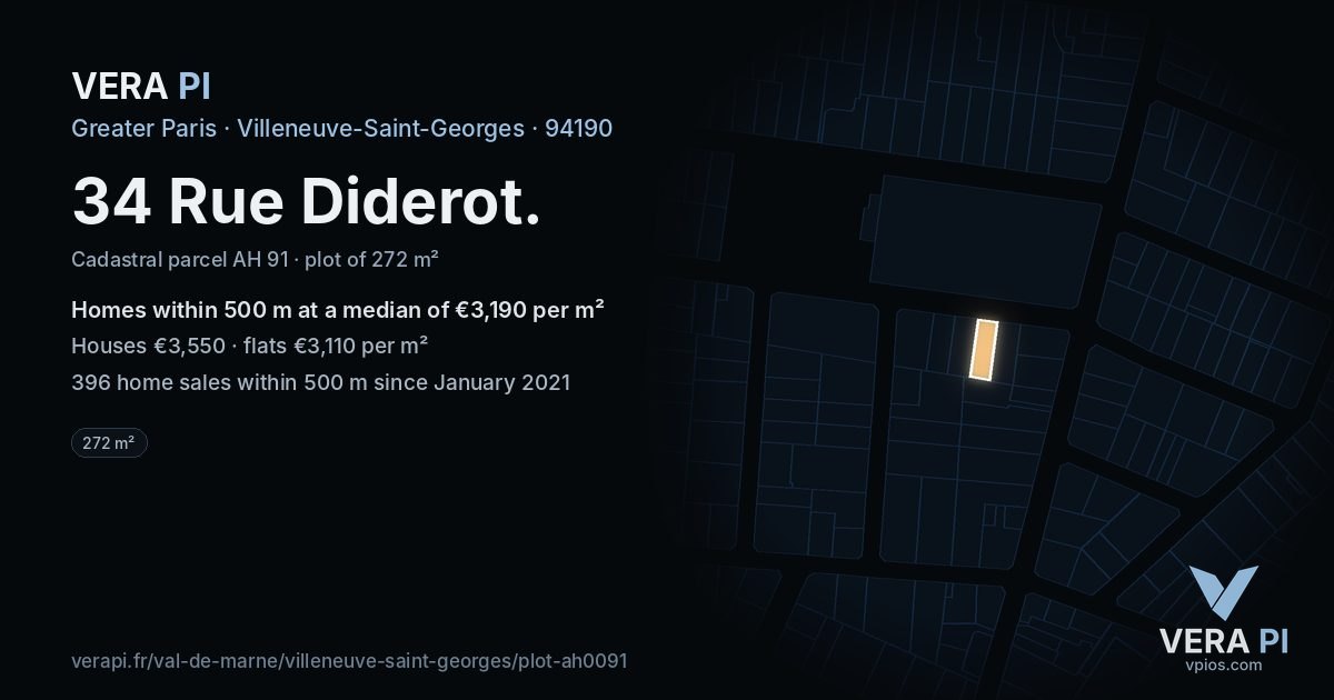 34 Rue Diderot, Villeneuve-Saint-Georges at night – the plot lit, the parcels around coloured by the prices near them