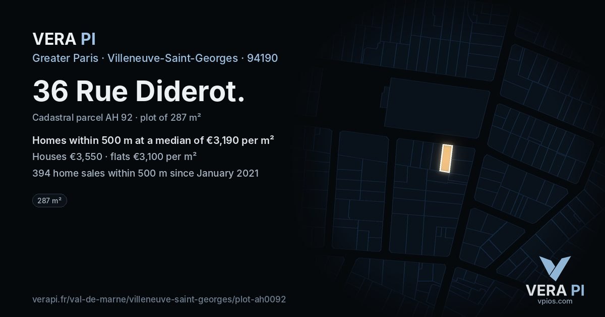 36 Rue Diderot, Villeneuve-Saint-Georges at night – the plot lit, the parcels around coloured by the prices near them