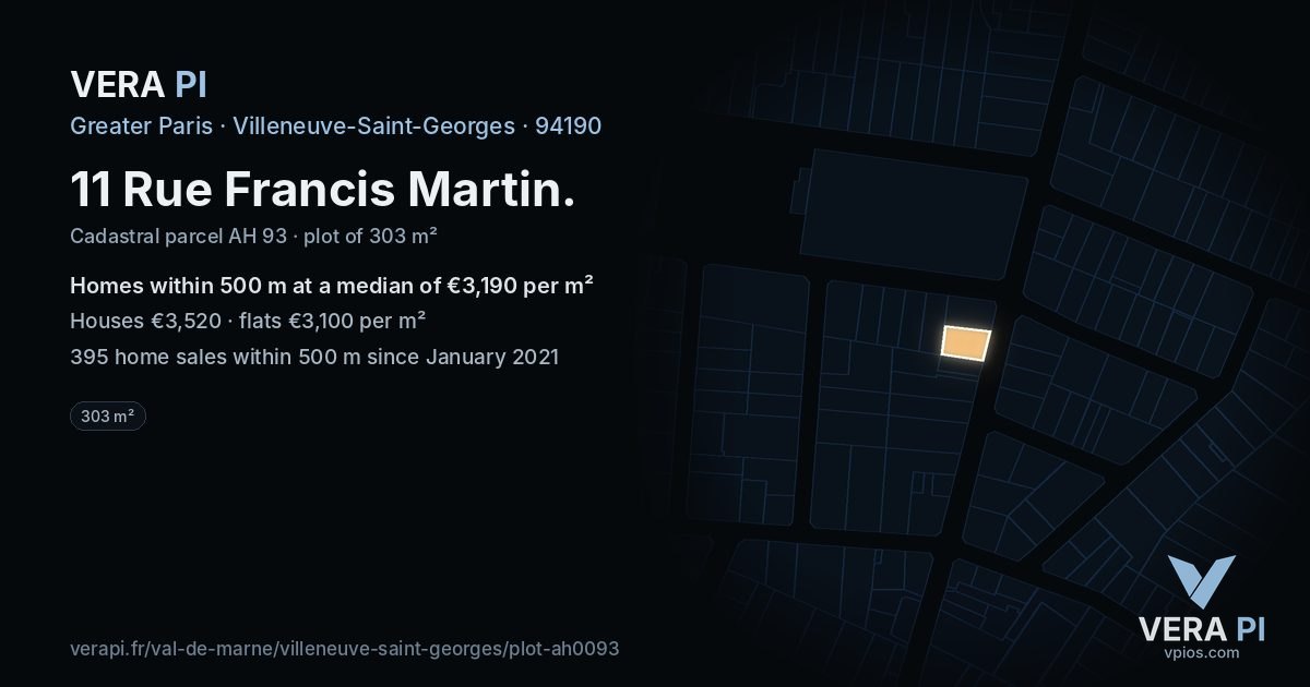 11 Rue Francis Martin, Villeneuve-Saint-Georges at night – the plot lit, the parcels around coloured by the prices near them