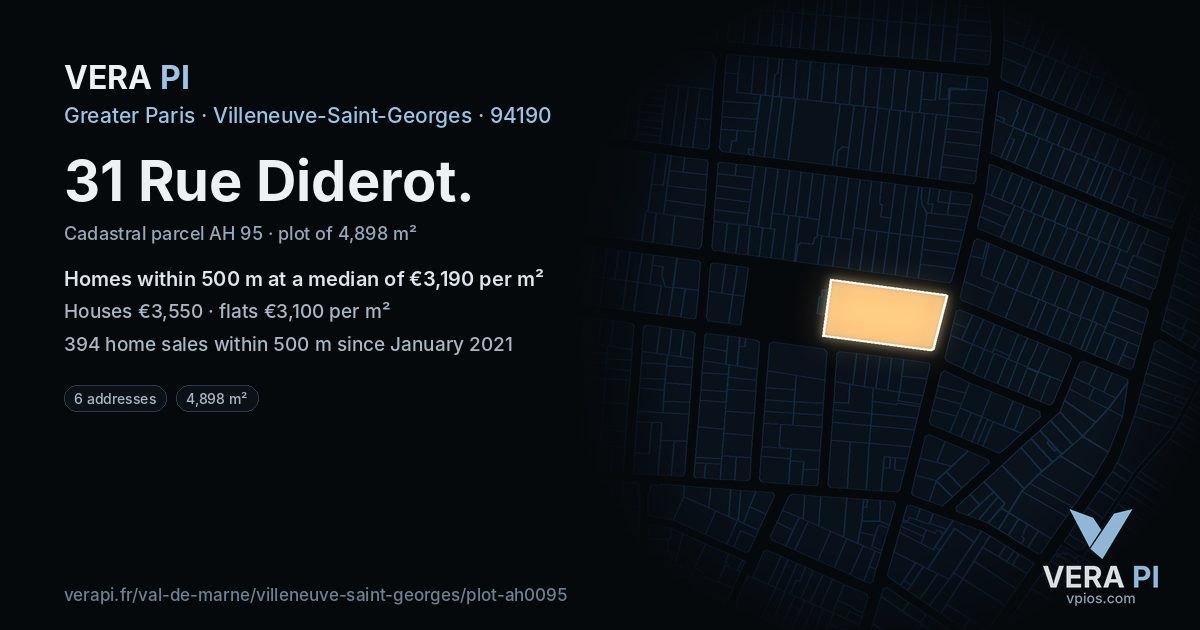 31 Rue Diderot, Villeneuve-Saint-Georges at night – the plot lit, the parcels around coloured by the prices near them