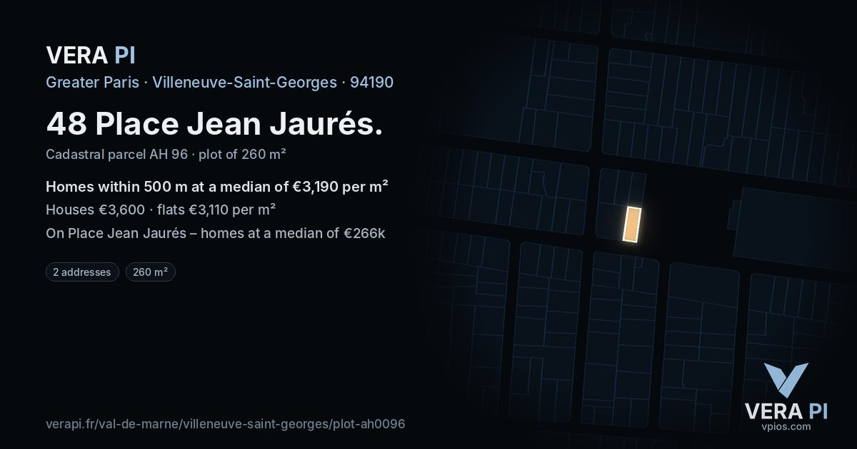 48 Place Jean Jaurés, Villeneuve-Saint-Georges at night – the plot lit, the parcels around coloured by the prices near them