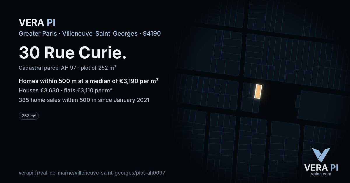 30 Rue Curie, Villeneuve-Saint-Georges at night – the plot lit, the parcels around coloured by the prices near them