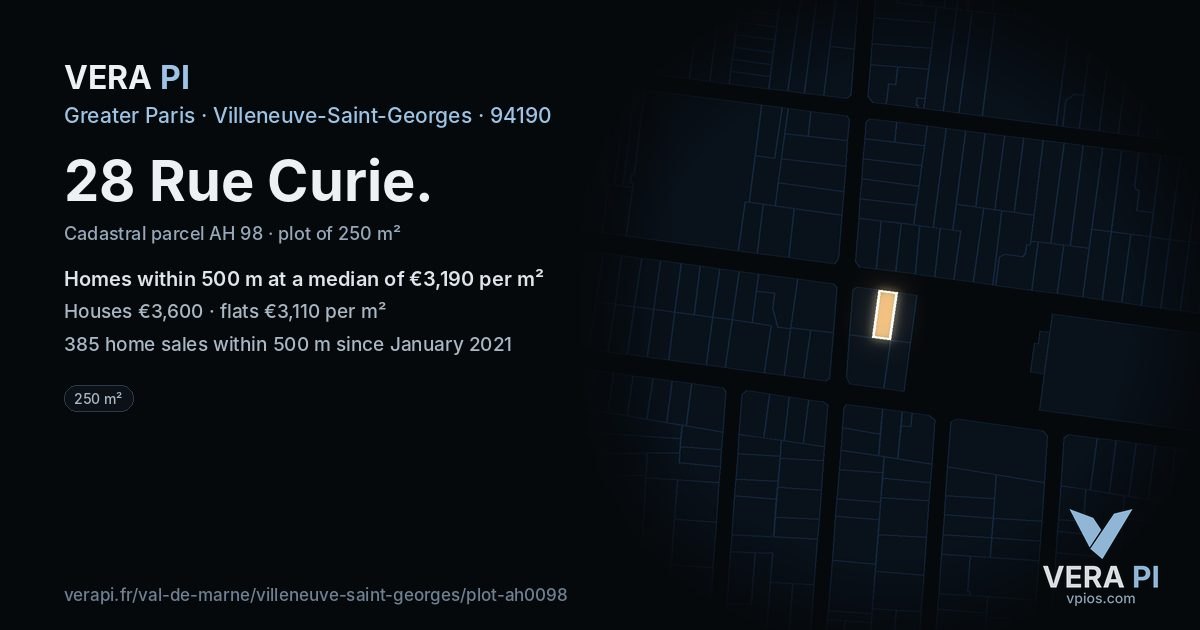 28 Rue Curie, Villeneuve-Saint-Georges at night – the plot lit, the parcels around coloured by the prices near them