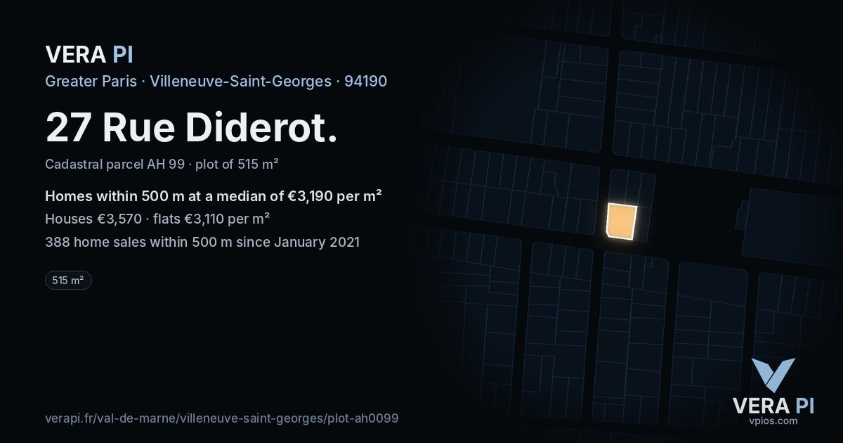 27 Rue Diderot, Villeneuve-Saint-Georges at night – the plot lit, the parcels around coloured by the prices near them