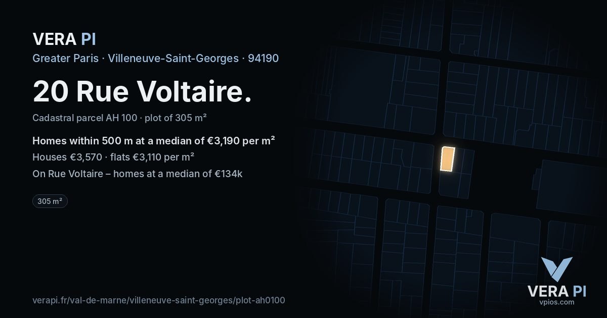 20 Rue Voltaire, Villeneuve-Saint-Georges at night – the plot lit, the parcels around coloured by the prices near them