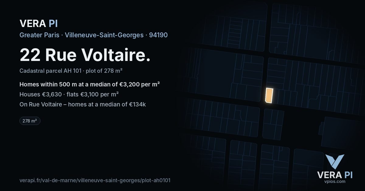 22 Rue Voltaire, Villeneuve-Saint-Georges at night – the plot lit, the parcels around coloured by the prices near them