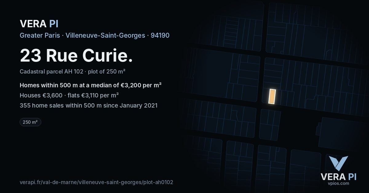 23 Rue Curie, Villeneuve-Saint-Georges at night – the plot lit, the parcels around coloured by the prices near them