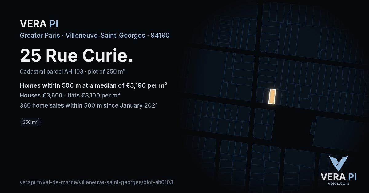 25 Rue Curie, Villeneuve-Saint-Georges at night – the plot lit, the parcels around coloured by the prices near them