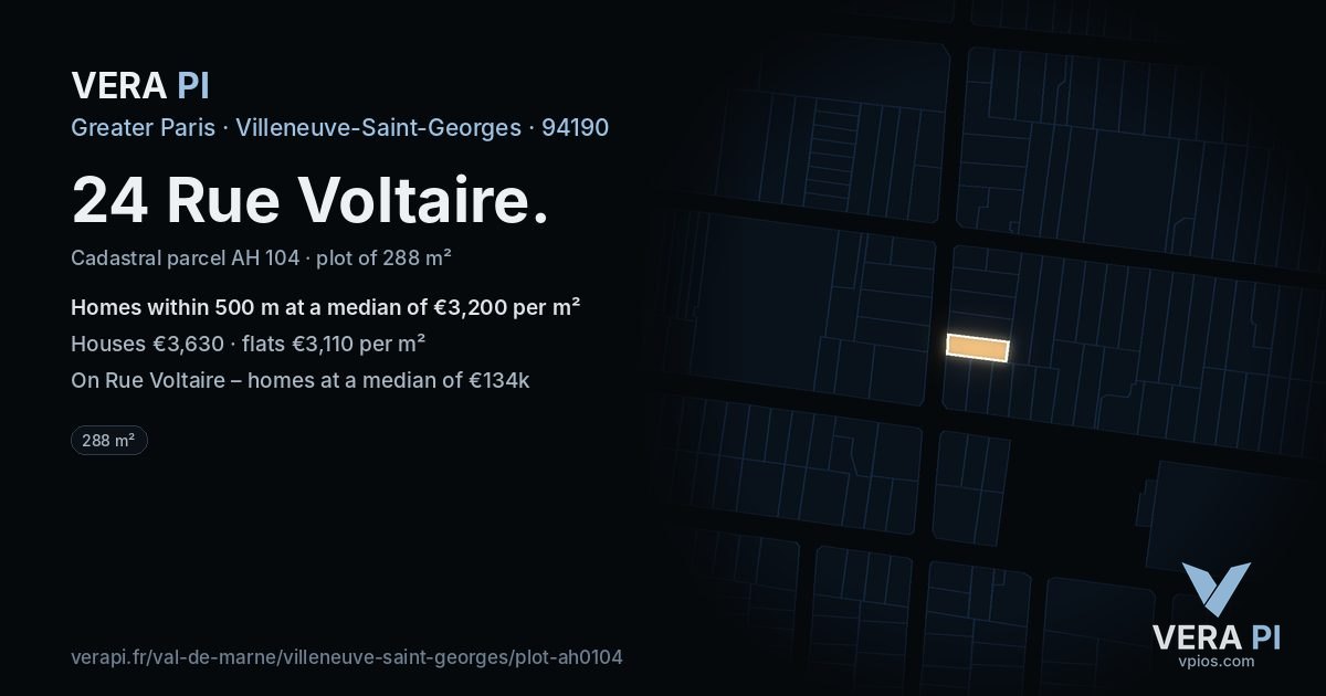 24 Rue Voltaire, Villeneuve-Saint-Georges at night – the plot lit, the parcels around coloured by the prices near them