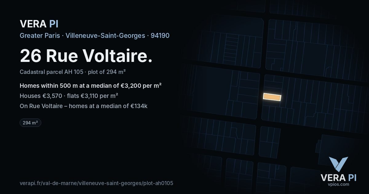 26 Rue Voltaire, Villeneuve-Saint-Georges at night – the plot lit, the parcels around coloured by the prices near them