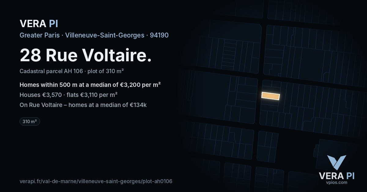 28 Rue Voltaire, Villeneuve-Saint-Georges at night – the plot lit, the parcels around coloured by the prices near them