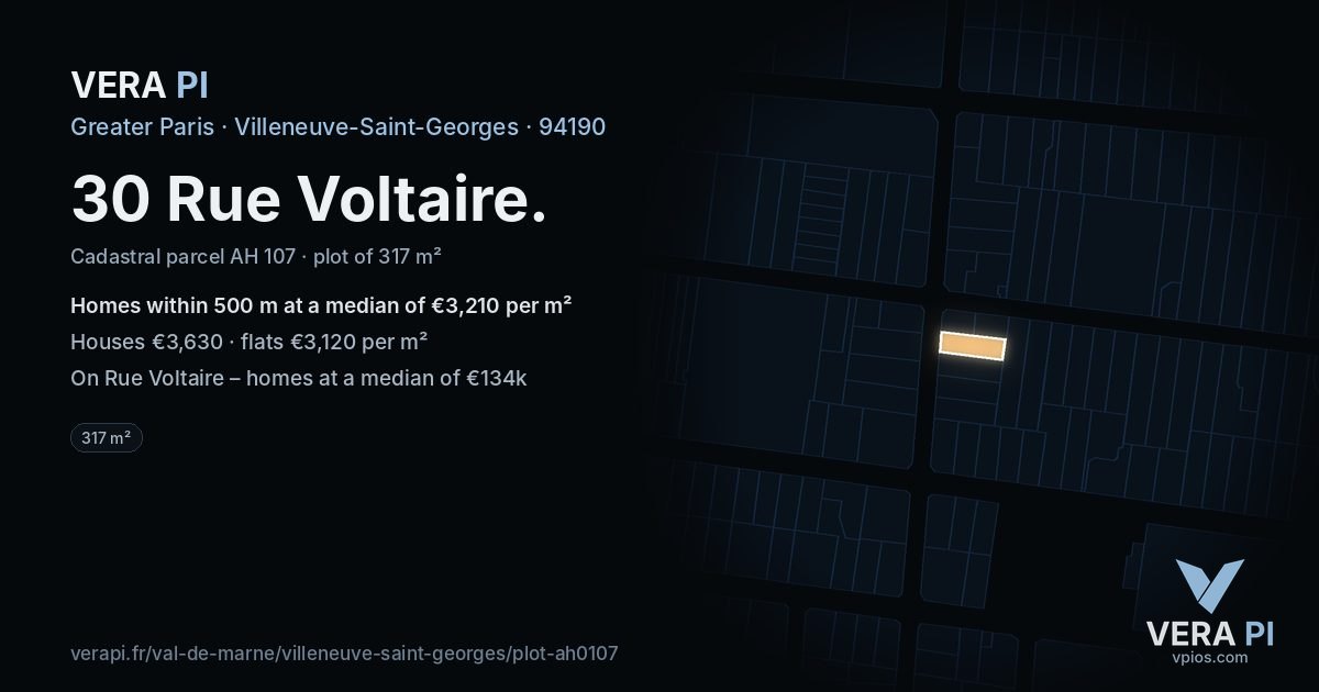 30 Rue Voltaire, Villeneuve-Saint-Georges at night – the plot lit, the parcels around coloured by the prices near them