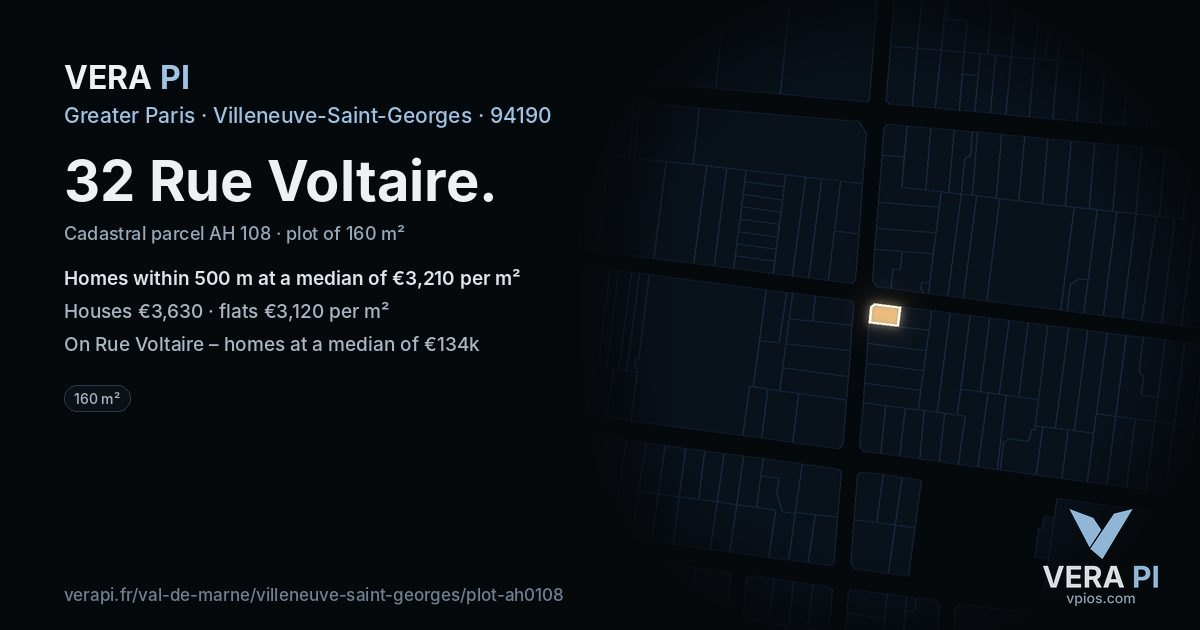 32 Rue Voltaire, Villeneuve-Saint-Georges at night – the plot lit, the parcels around coloured by the prices near them
