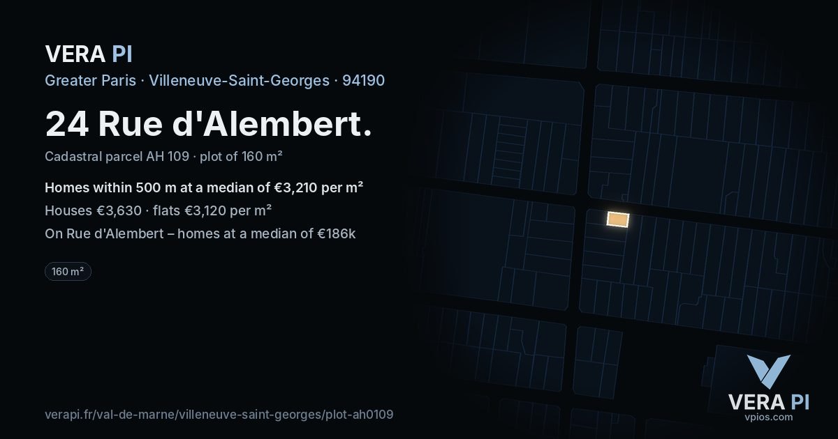 24 Rue d'Alembert, Villeneuve-Saint-Georges at night – the plot lit, the parcels around coloured by the prices near them