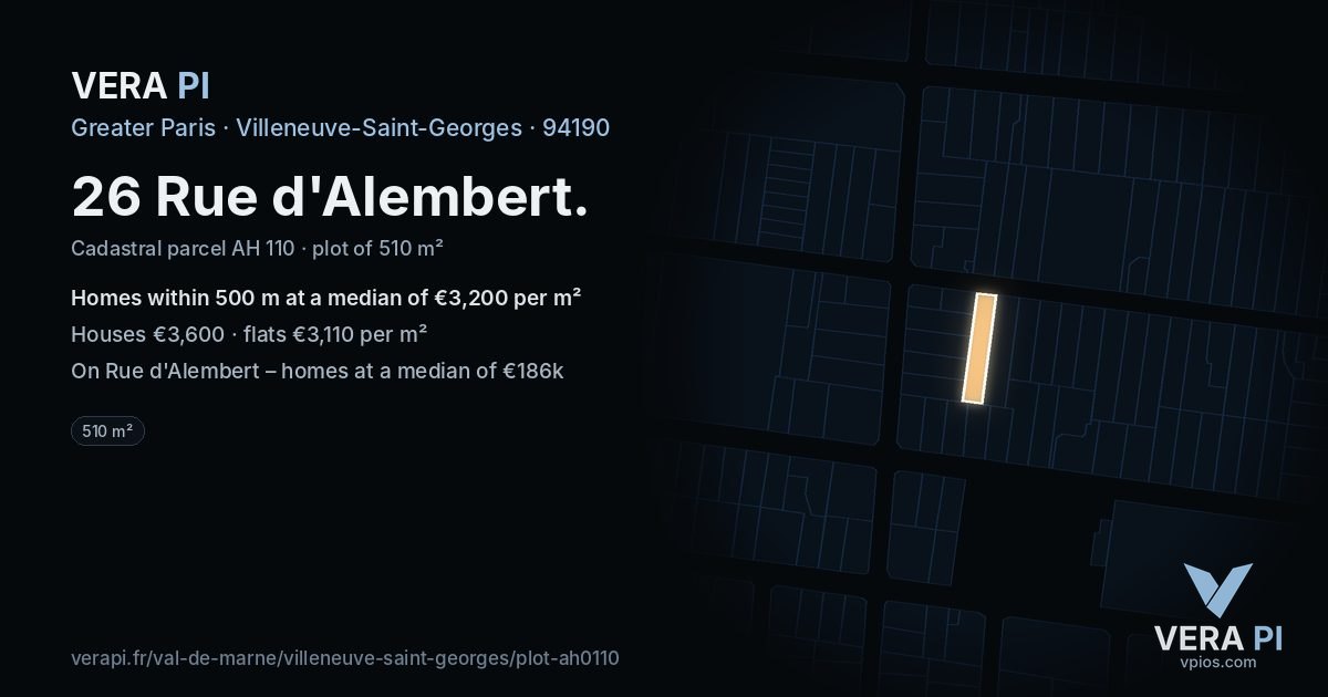 26 Rue d'Alembert, Villeneuve-Saint-Georges at night – the plot lit, the parcels around coloured by the prices near them