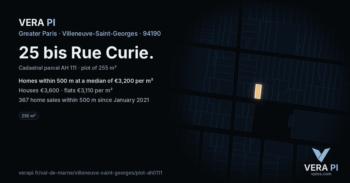 25 bis Rue Curie, Villeneuve-Saint-Georges at night – the plot lit, the parcels around coloured by the prices near them
