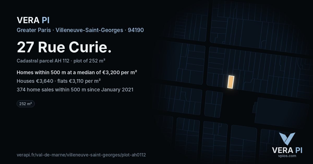 27 Rue Curie, Villeneuve-Saint-Georges at night – the plot lit, the parcels around coloured by the prices near them