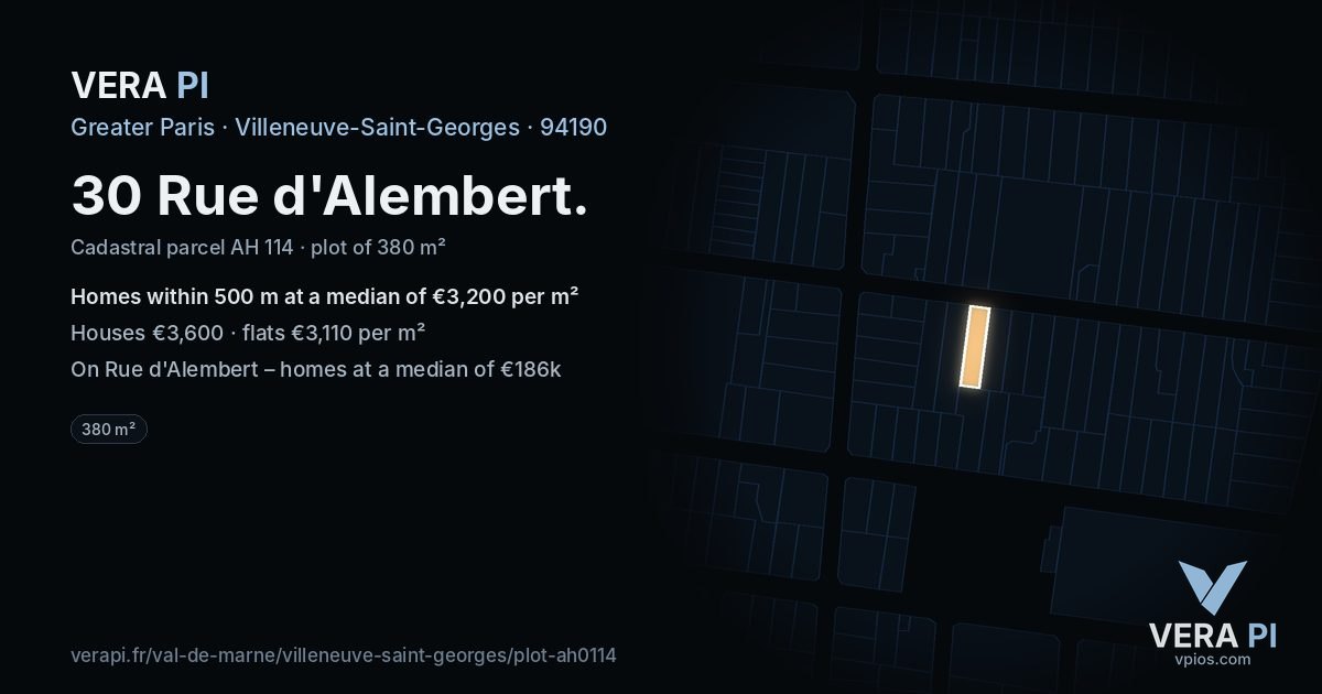30 Rue d'Alembert, Villeneuve-Saint-Georges at night – the plot lit, the parcels around coloured by the prices near them