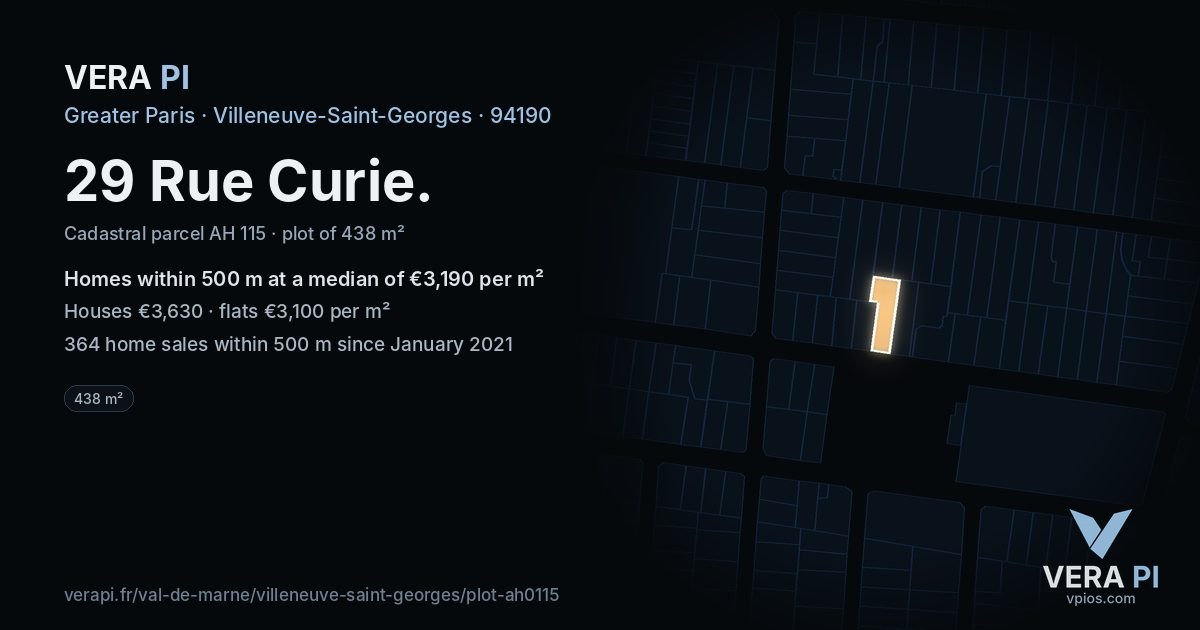 29 Rue Curie, Villeneuve-Saint-Georges at night – the plot lit, the parcels around coloured by the prices near them