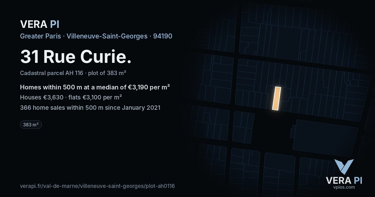 31 Rue Curie, Villeneuve-Saint-Georges at night – the plot lit, the parcels around coloured by the prices near them