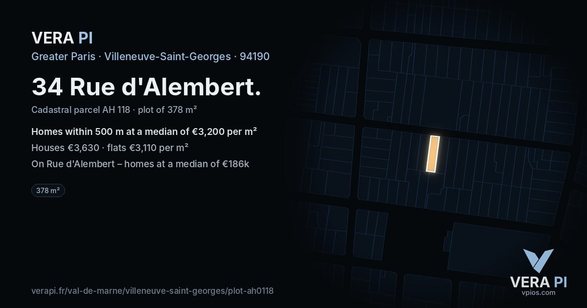 34 Rue d'Alembert, Villeneuve-Saint-Georges at night – the plot lit, the parcels around coloured by the prices near them