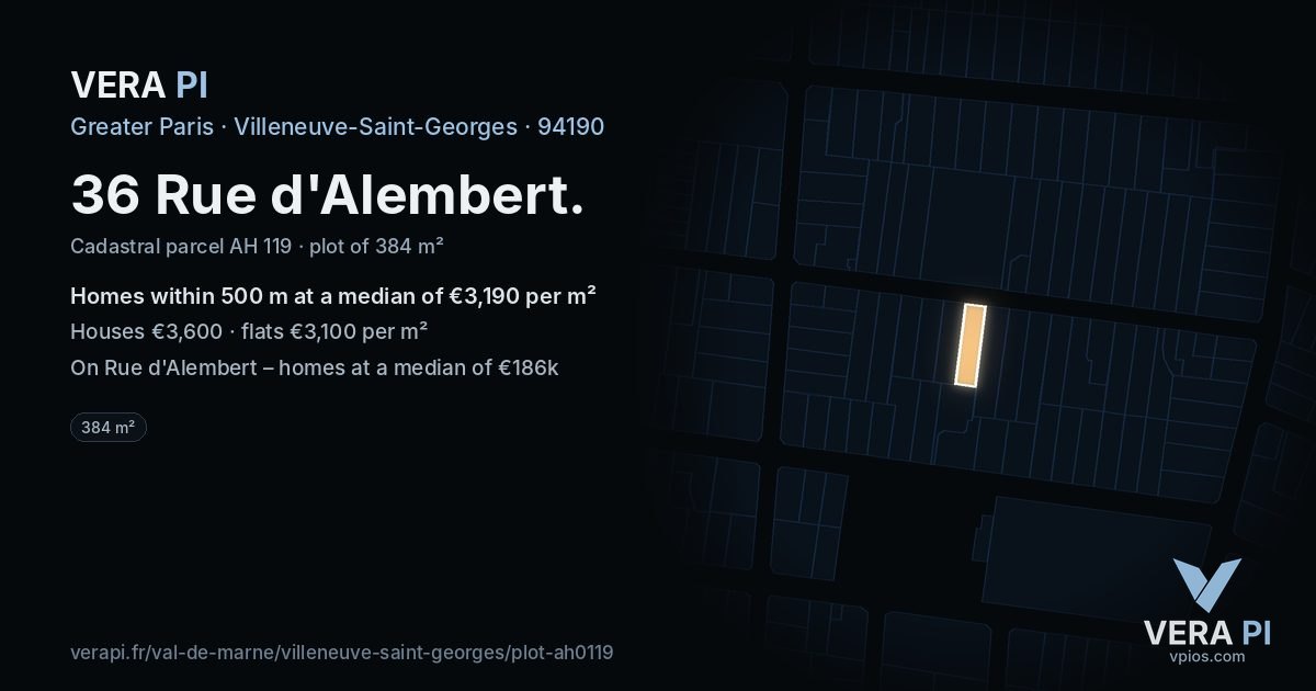 36 Rue d'Alembert, Villeneuve-Saint-Georges at night – the plot lit, the parcels around coloured by the prices near them