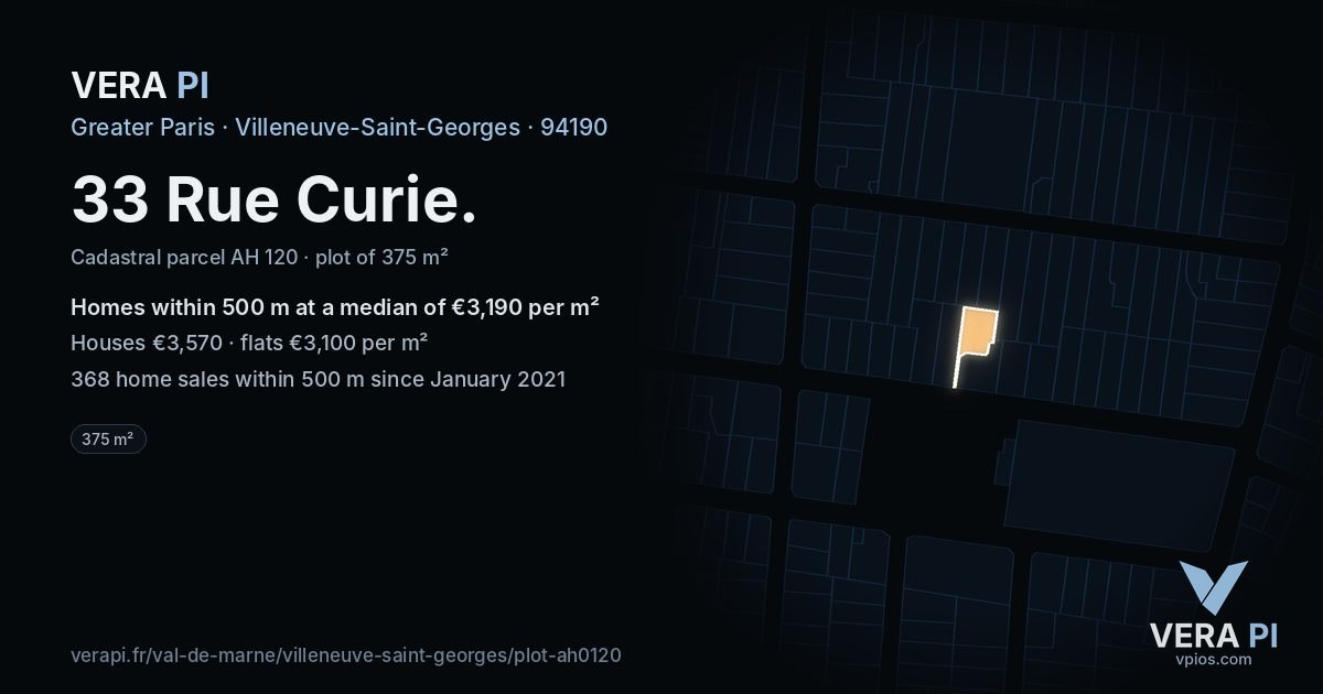 33 Rue Curie, Villeneuve-Saint-Georges at night – the plot lit, the parcels around coloured by the prices near them