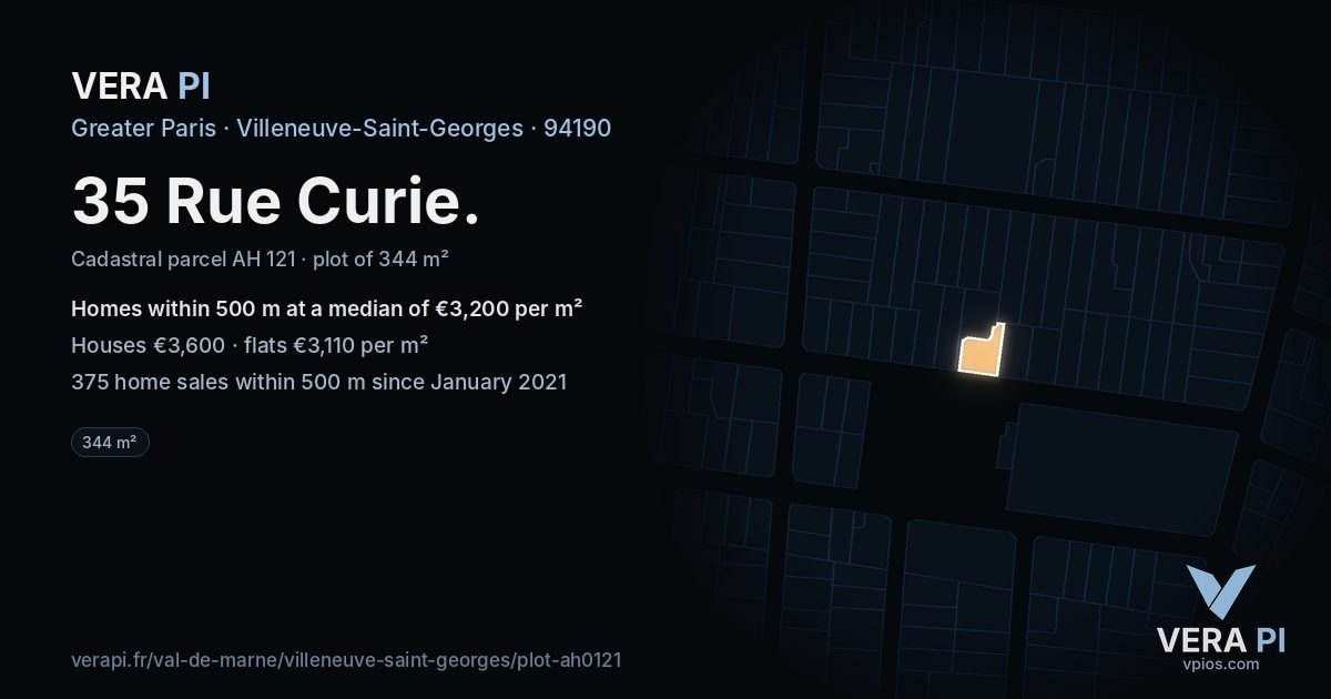 35 Rue Curie, Villeneuve-Saint-Georges at night – the plot lit, the parcels around coloured by the prices near them