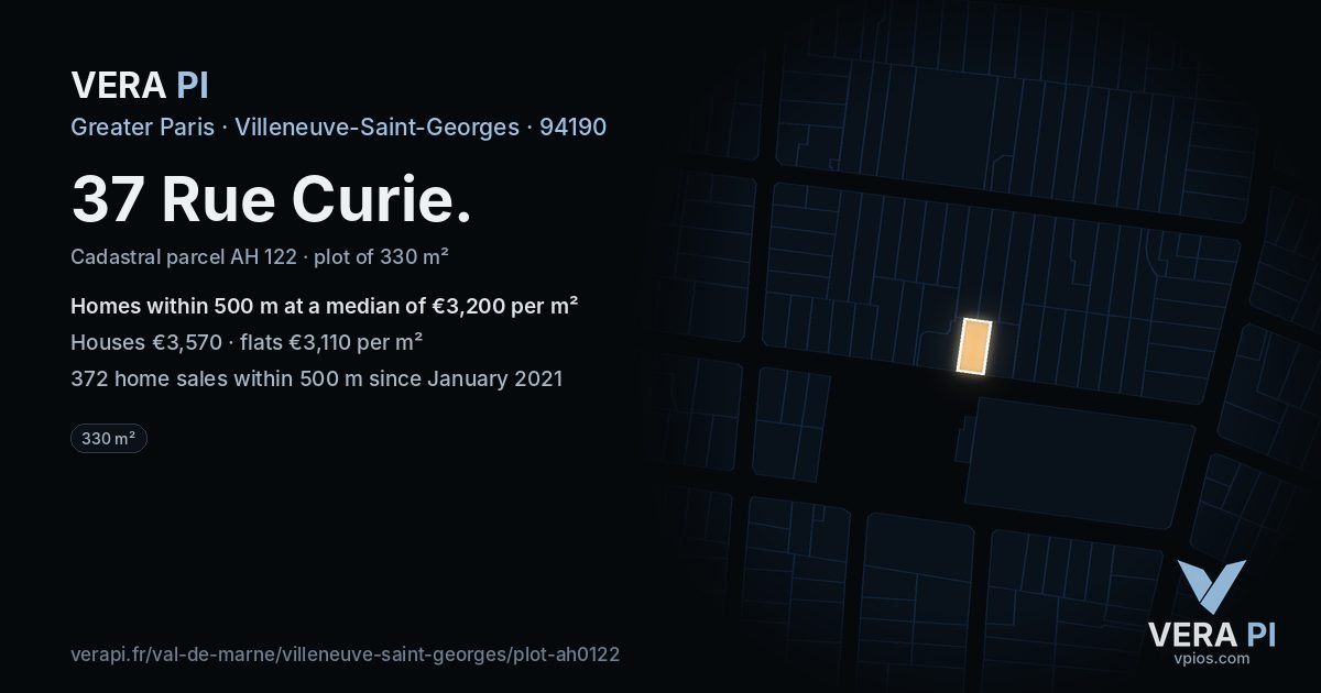 37 Rue Curie, Villeneuve-Saint-Georges at night – the plot lit, the parcels around coloured by the prices near them