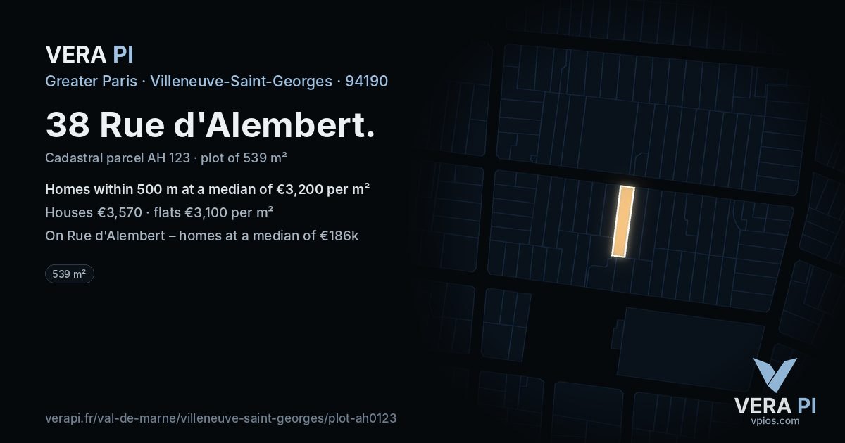 38 Rue d'Alembert, Villeneuve-Saint-Georges at night – the plot lit, the parcels around coloured by the prices near them