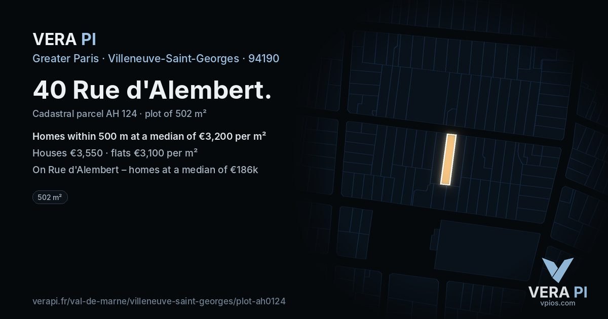 40 Rue d'Alembert, Villeneuve-Saint-Georges at night – the plot lit, the parcels around coloured by the prices near them