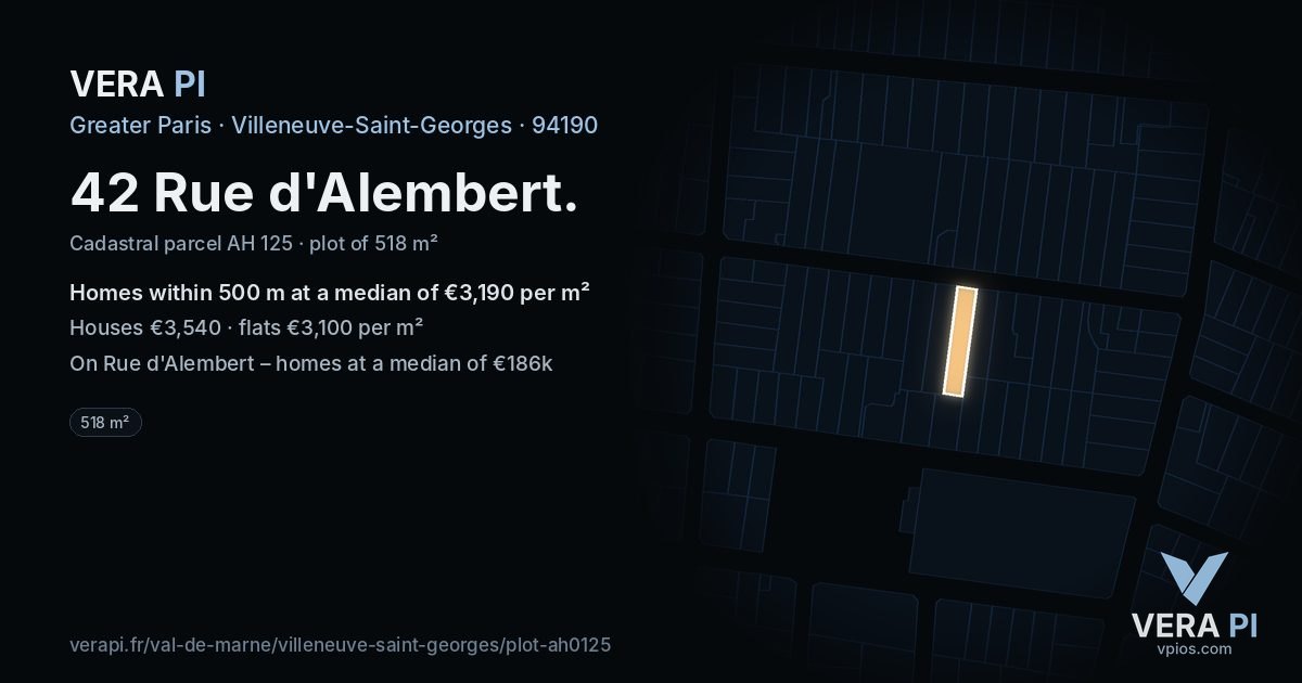 42 Rue d'Alembert, Villeneuve-Saint-Georges at night – the plot lit, the parcels around coloured by the prices near them